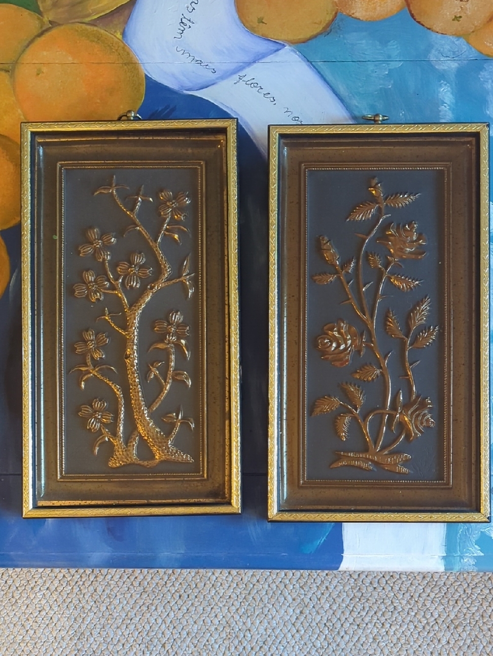 Gold Floral Relief Vintage Yolande mid-century modern framed dogwood wall plaque